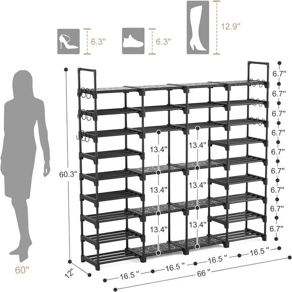Large Shoe Rack Organizer Closet 64-68 pairs 9-Tier Heavy Duty Tall Shoe Shelf - Picture 3 of 6
